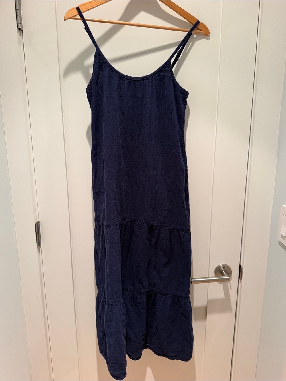 Pact Cotton Gauze Navy Tiered Cotton Spaghetti Strap Dress